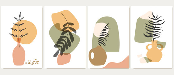 Set of abstract posters with plants, wazz, leaves, freeforms and spots. Simple natural still lifes. Vector graphics.