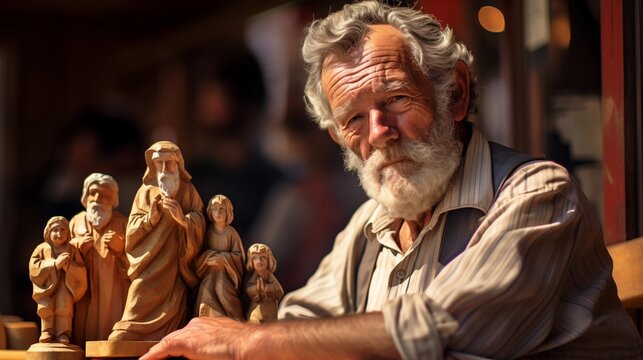 Ein alter Mann sitzt am Tisch mit geschnitzen Krippenfiguren