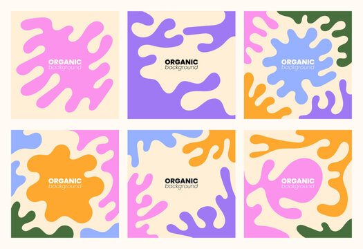 Set of colorful abstract covers. Contemporary backgrounds with trendy creative fluid shapes and organic doodle elements. Flat vector illustrations.