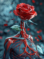 A human figure with blood vessels and muscles transitioning into a blooming red rose created by artificial intelligence