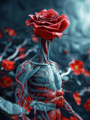 A human figure with blood vessels and muscles transitioning into a blooming red rose created by artificial intelligence