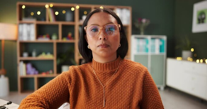 Portrait, woman and video call in home office for remote work, counseling and psychologist listening. Face, webinar and freelancer in virtual chat, meeting or therapist in mental health conference