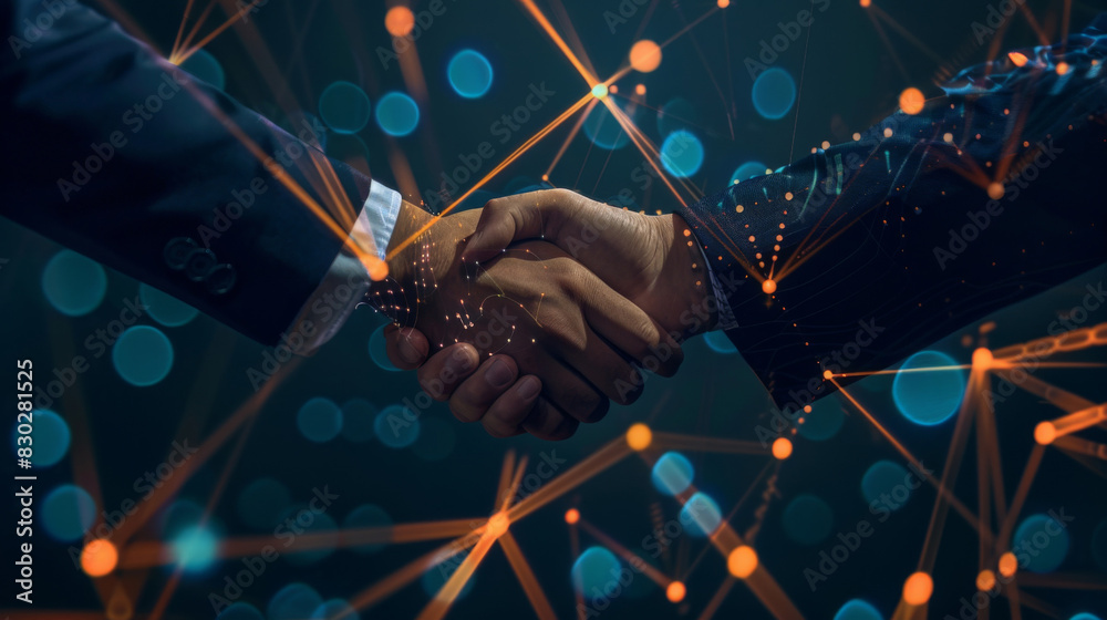 Poster two professionals shaking hands with digital network connections symbolizing partnership in the tech