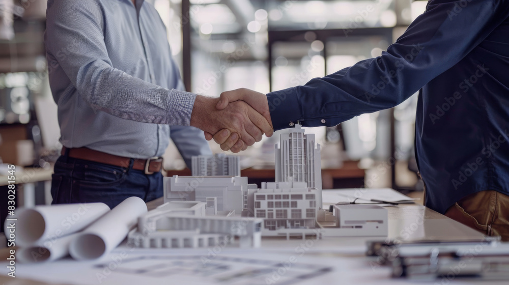 Poster Two professionals shaking hands over a scale model of a building project