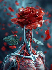 A human figure with blood vessels and muscles transitioning into a blooming red rose created by artificial intelligence