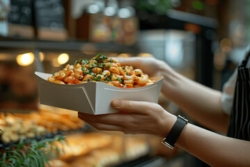 Close-Up of Hands Giving Food in White Paper Box to Customer in Fast Food Restaurant