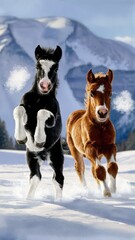 Naklejka premium Photo of two playful stallions. The black and white foal demonstrate impressive agility while standing on their hind legs.