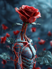 A human figure with blood vessels and muscles transitioning into a blooming red rose created by artificial intelligence