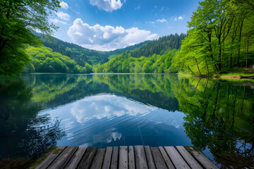 Serene Lake Landscape with Lush Greenery and Reflective Waters Under a Cloud Speckled Sky