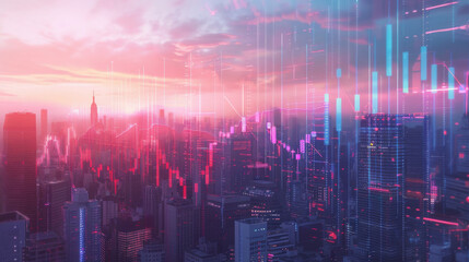 City skyline at dusk with luminous stock market charts digitally superimposed