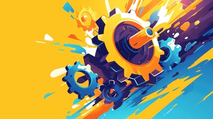 Illustration of a vibrant comic style gear icon with a splashy business concept