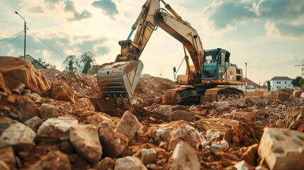 heavy excavator machine digging at construction site industrial progress