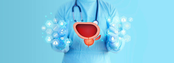 The urologist examines the prostate and bladder. Doctor on light blue background with medicine and...