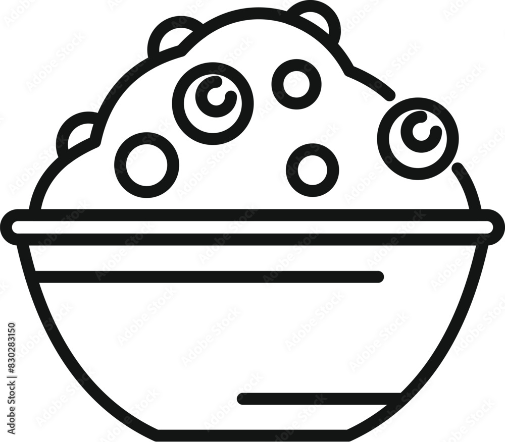 Poster black and white line art illustration of a cartoon ice cream bowl with scoops and toppings