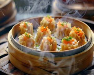 Style Close-up Shot, Genre Gourmet, Temperament, Scene Dim Sum Hot Shumai Topped with Small Chopped Carrot on Bamboo Steamer,