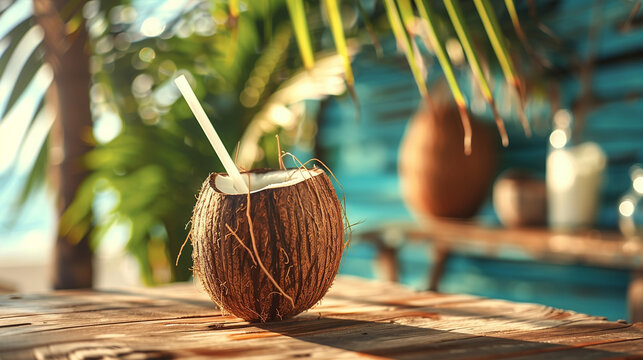 Cocktail in coconut with straw on wooden table in bar on beach. Summer holiday concept. Generative AI