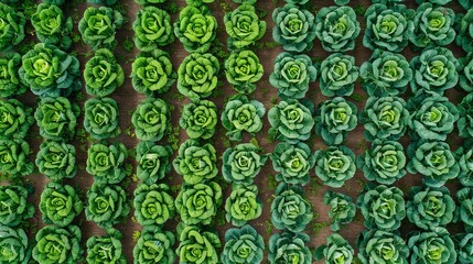 lush green cabbage field with neat rows of vegetables aerial photography