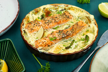 Steamed salmon gratin.