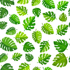 Naklejka premium seamless pattern of vibrant green leaves on a white background. Various leaf shapes and sizes create a fresh, natural, and tropical appearance, perfect for eco-friendly or botanical projects
