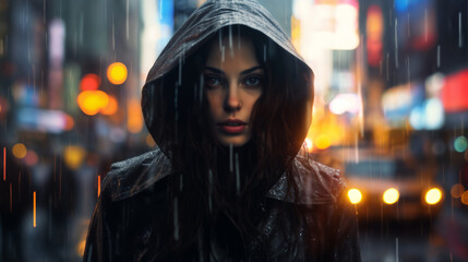 portrait of a girl against the background of the night streets of a modern city, with lights and glow