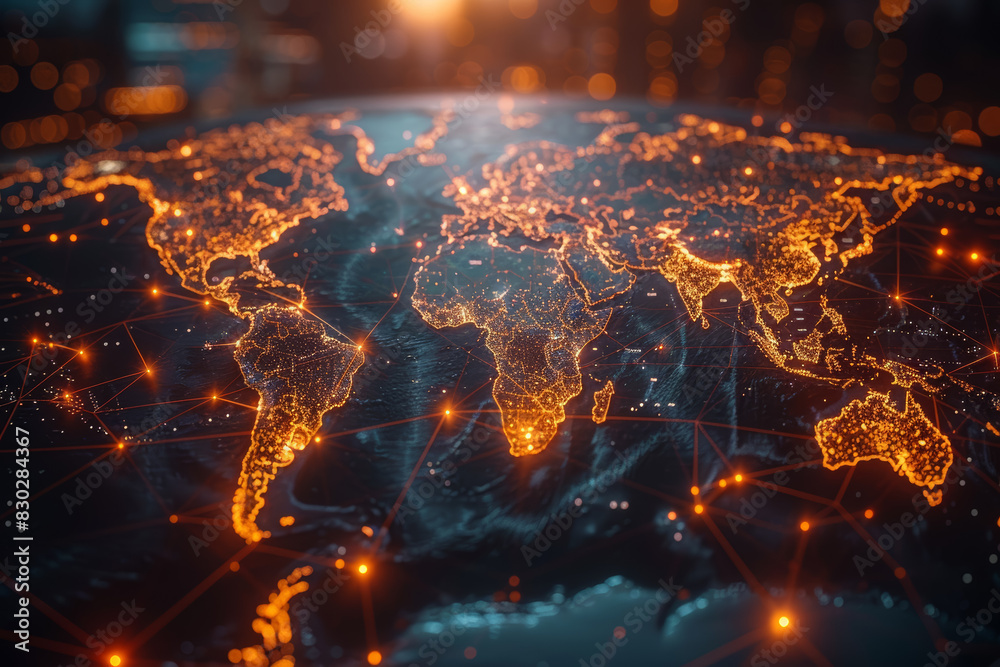 Poster a network of interconnected lines and dots on a world map, symbolizing the interconnectedness of glo