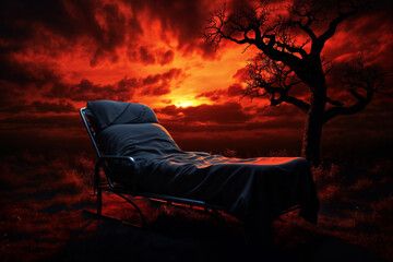 hospital bed on the background of dramatic nature and red sky at sunset, dark, black silhouette of a tree