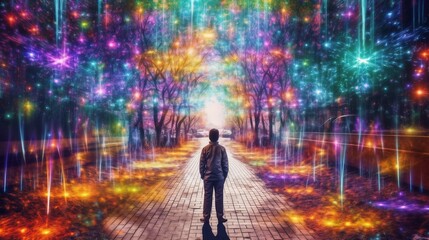 a person stands in a surreal forest or park, on a path between trees, bright multicolored light projections surround him around