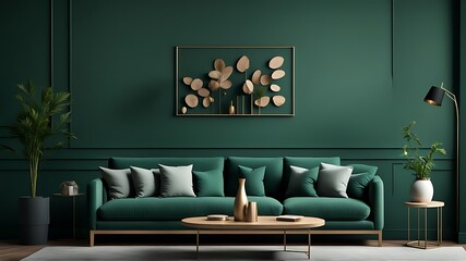 Living Room Mockup with Dark Green Sofa and Emerald Walls, Spacious Gallery Space and Deep Accent Background in a Modern Premium Design - 3D Rendering