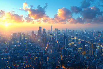 A panoramic view of a city skyline with skyscrapers from various countries, showcasing...