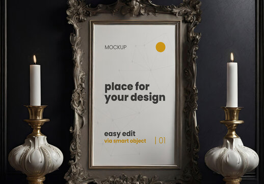 Elegant Baroque Poster Frame Mockup with Candles Generative Ai
