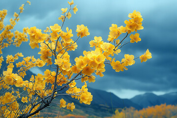 Quivering aspen leaves against the backdrop of a dramatic stormy sky, highlighting the resilience and beauty of nature.