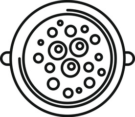 Simple line art design of a top view pizza with various toppings in a pan, isolated on white