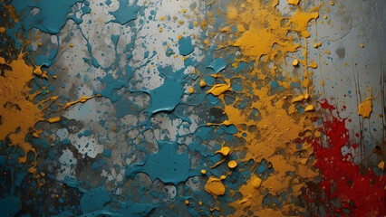 An abstract composition of blue and yellow paint splatters on a gray background with dynamic textures