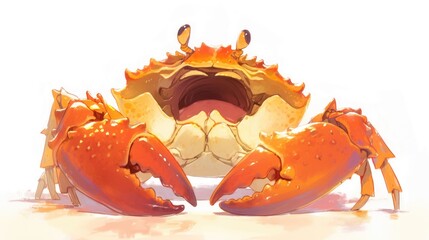 A crab character grinning widely with its oversized claws set against a white background