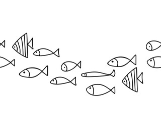 Fishes Seamless Pattern horizontal border. Vector illustration in doodle style isolated on white background. Marine Underwater design elements.