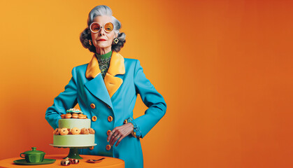 Portrait of elegant fashion style woman standing wearing blue jacket in front of table with cake. Orange background. Celebrate birthday creative idea.