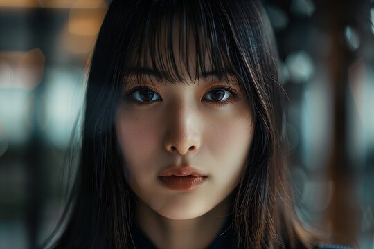close-up portrait of young asian woman with long dark hair and intense faze
