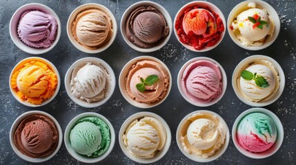 An overhead shot of a selection of ice cream and sorbets 