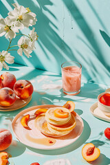 Food trend summer spring decoration concept with pancakes, fruits, drinks, flowers at pastel color table.
