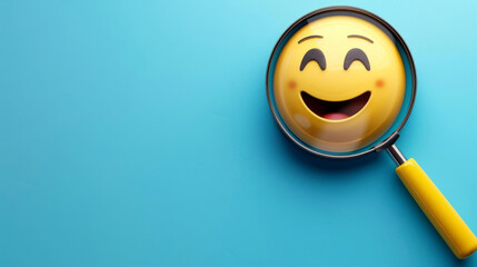 A magnifying glass enlarges a happy emoji against a vivid blue backdrop