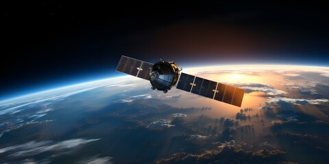 Global security enhanced through encrypted signals sent by satellite network. Concept Satellite Communication, Global Security, Encryption Technology, Signal Transmission, Network Security