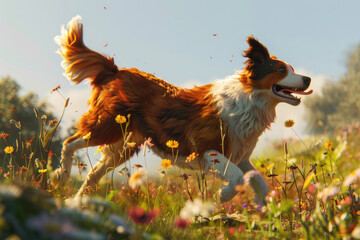 A dog of various color running energetically through a vibrant field of colorful flowers under a bright sun