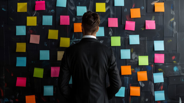 Businessman gazing at a wall adorned with bright sticky notes, strategizing for success from behind