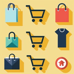 E-commerce icons: shopping cart, tag, box, and sale sign