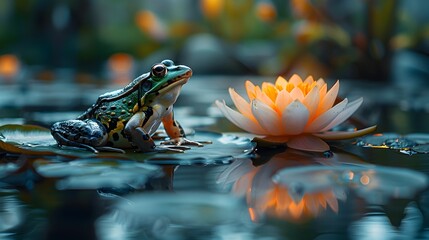 Glowing Frog Haven A Macro Photography Showcase of a Frog on a Luminous Lily Pad in a Dark Pond