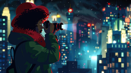 A woman in a red hat and green coat captures nighttime city lights with her camera. She stands against a backdrop of illuminated skyscrapers