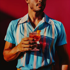 Fashion shot of modern urban man in a blue shirt clothes holding a cocktail glass in arm. Summer aesthetic composition on dark red background.