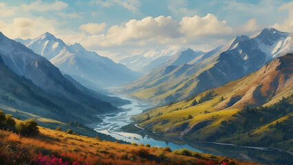 Scenic digital painting of mountain landscape