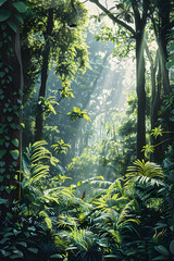 Sunlit Forest: A Tranquil Escape into Nature's Heart with Lush Greenery and Subtle Wildlife