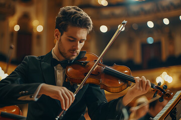 Fototapeta premium Male Violinist in Formal Attire Performing on Stage in Concert Hall with Warm Ambient Lighting